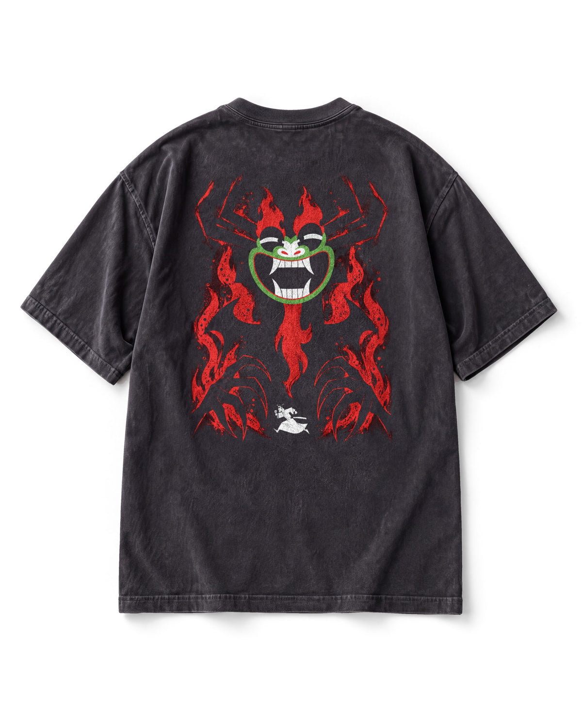 Back print: Aku's giant grinning green face with a flame crown, clawed hands reaching in, a tiny figure running below.