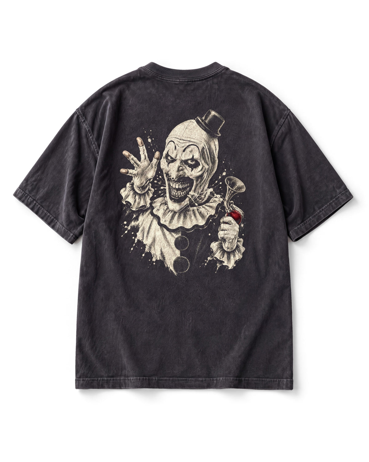 Back print: a grinning black-and-white clown in a tiny top hat and ruffled collar, waving, holding a horn with a red bulb.