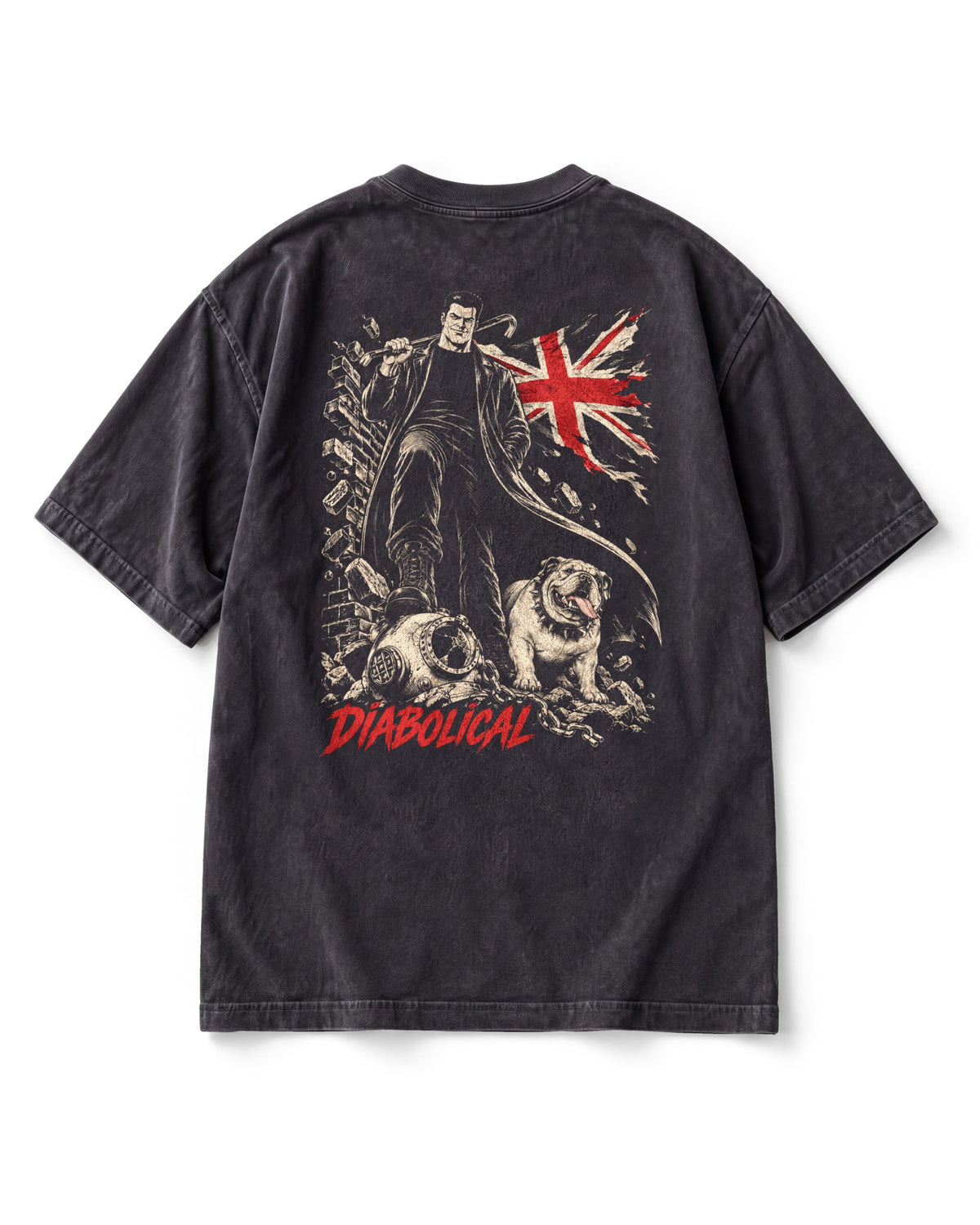 Back print: Billy Butcher in a long coat with a crowbar, a bulldog at his feet, a Union Jack behind, DIABOLICAL lettering.