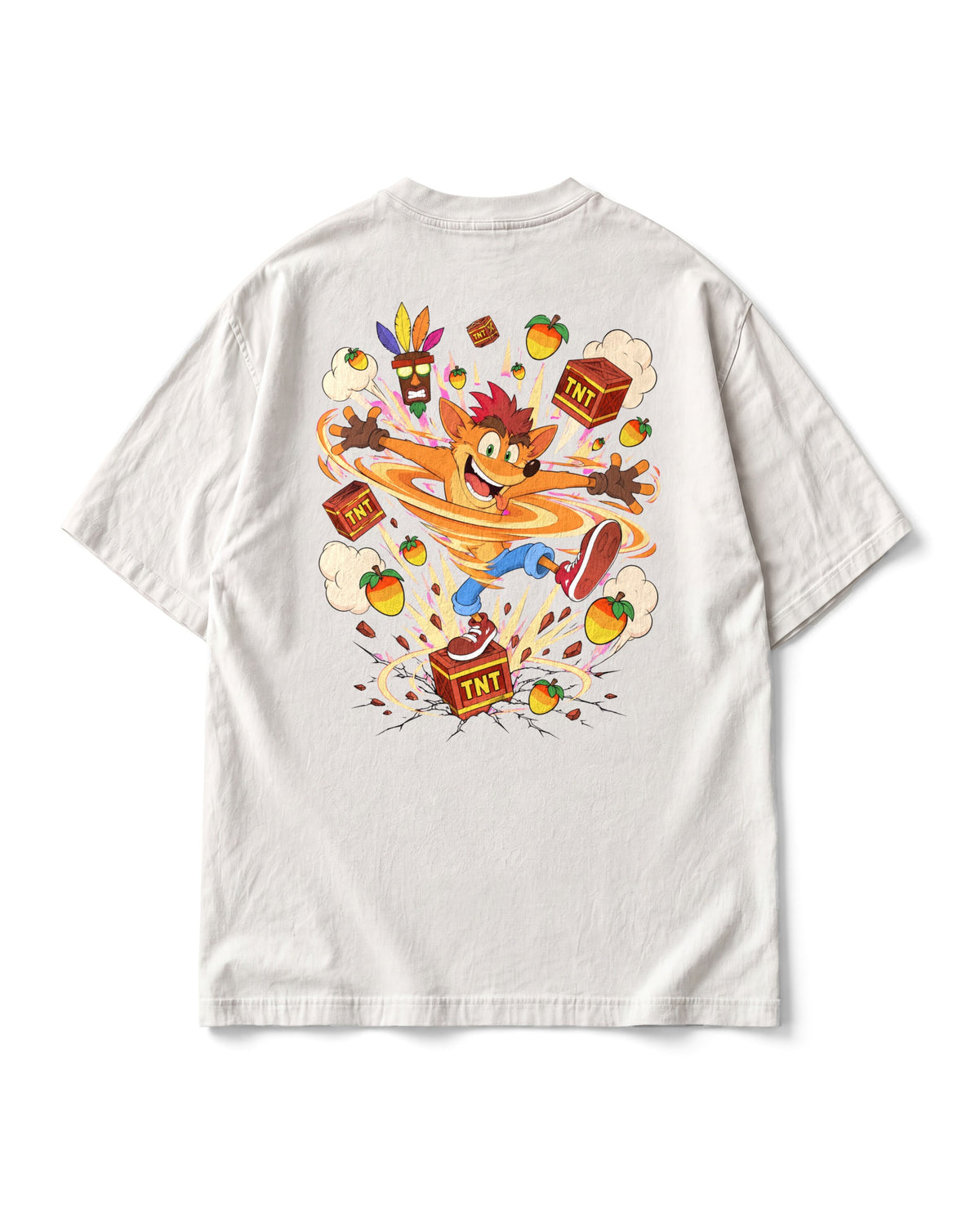Back print: Crash Bandicoot spinning with arms out on a TNT crate, Wumpa fruit, crates and the Aku Aku mask flying round him.