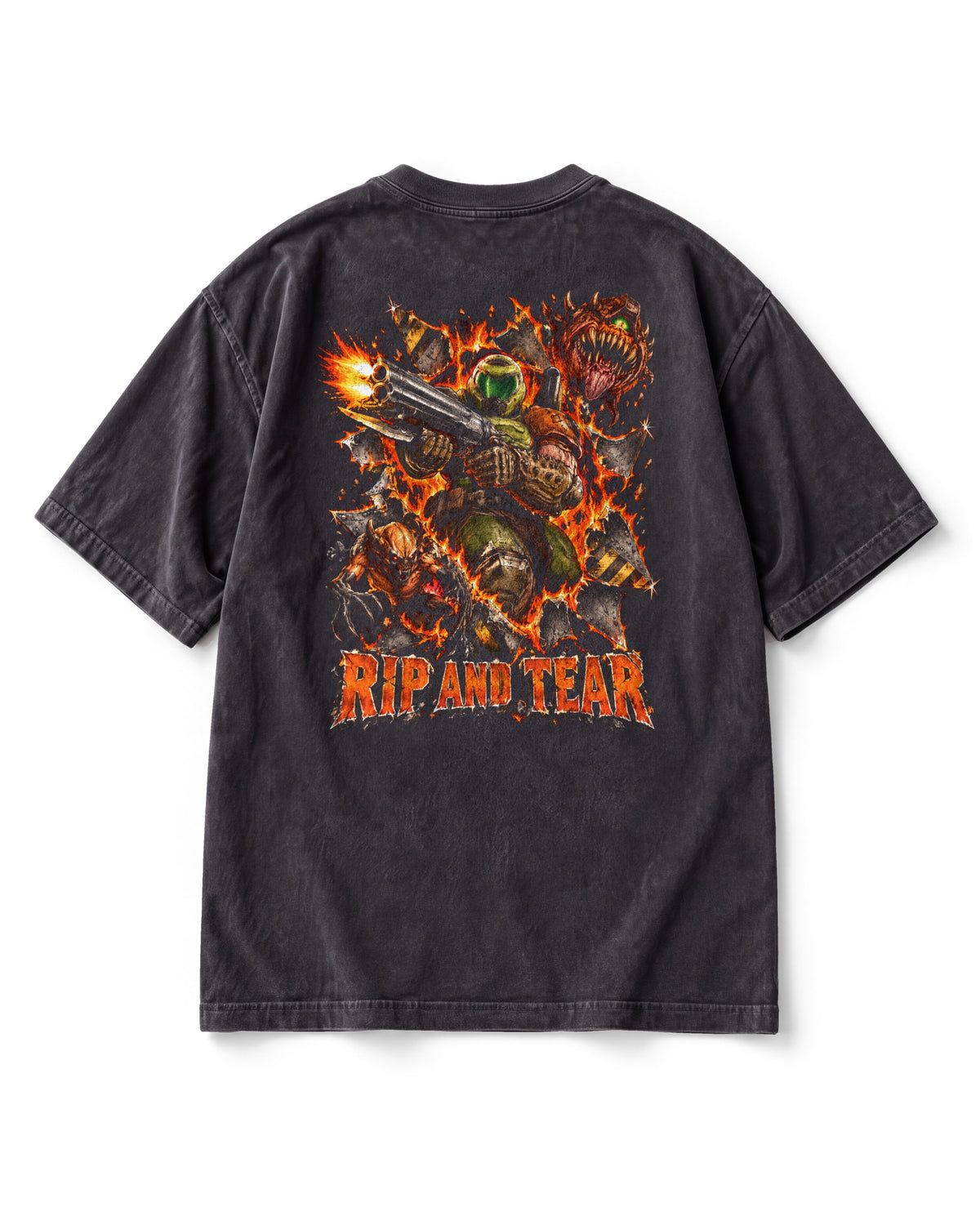 Back print: an armoured space marine bursting through torn metal with a shotgun, demons flung aside, RIP AND TEAR lettering.