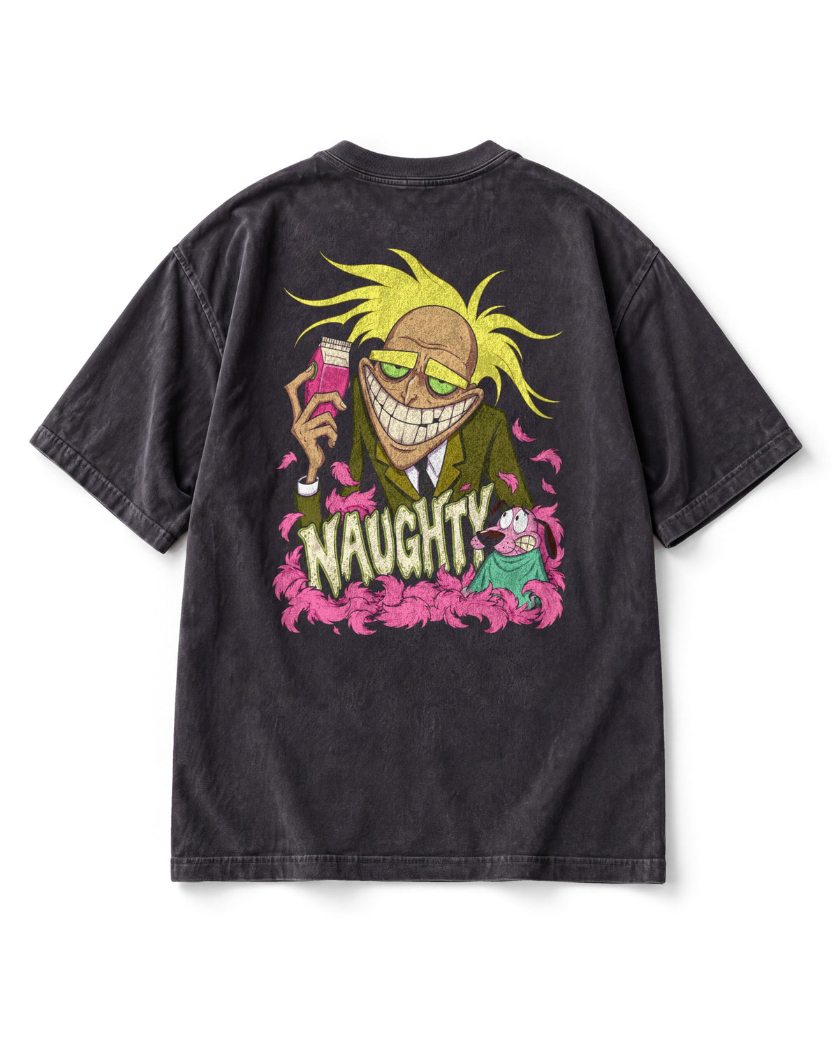 Back print: a grinning green-haired barber leaning in with scissors, pink fur and a small shaved dog below, NAUGHTY.