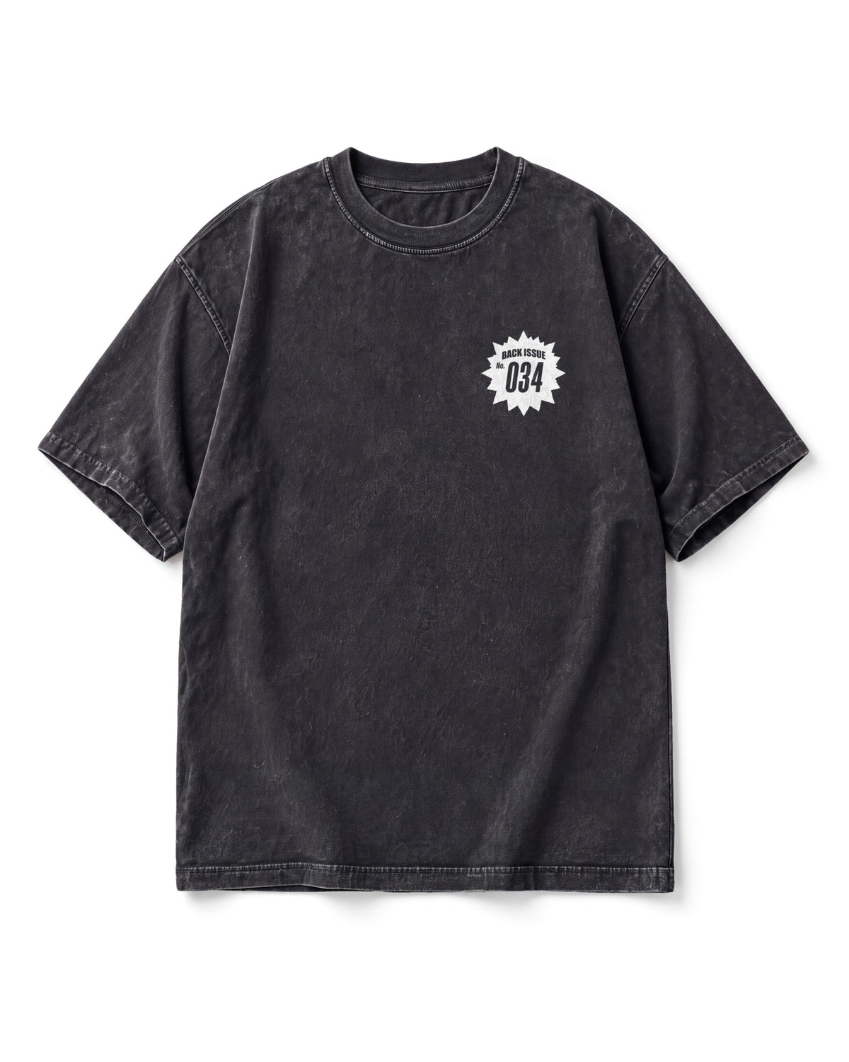 Front of the One, Two tee in washed black: a small white numbered BACK ISSUE burst badge on the left chest.