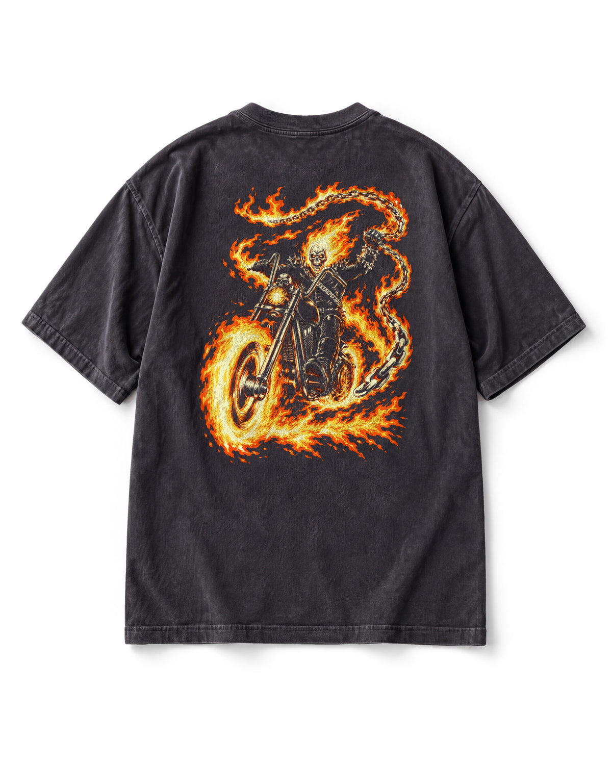 Back print: Ghost Rider, a flaming skull in a spiked leather jacket, on a burning motorcycle with a chain whipping forward.