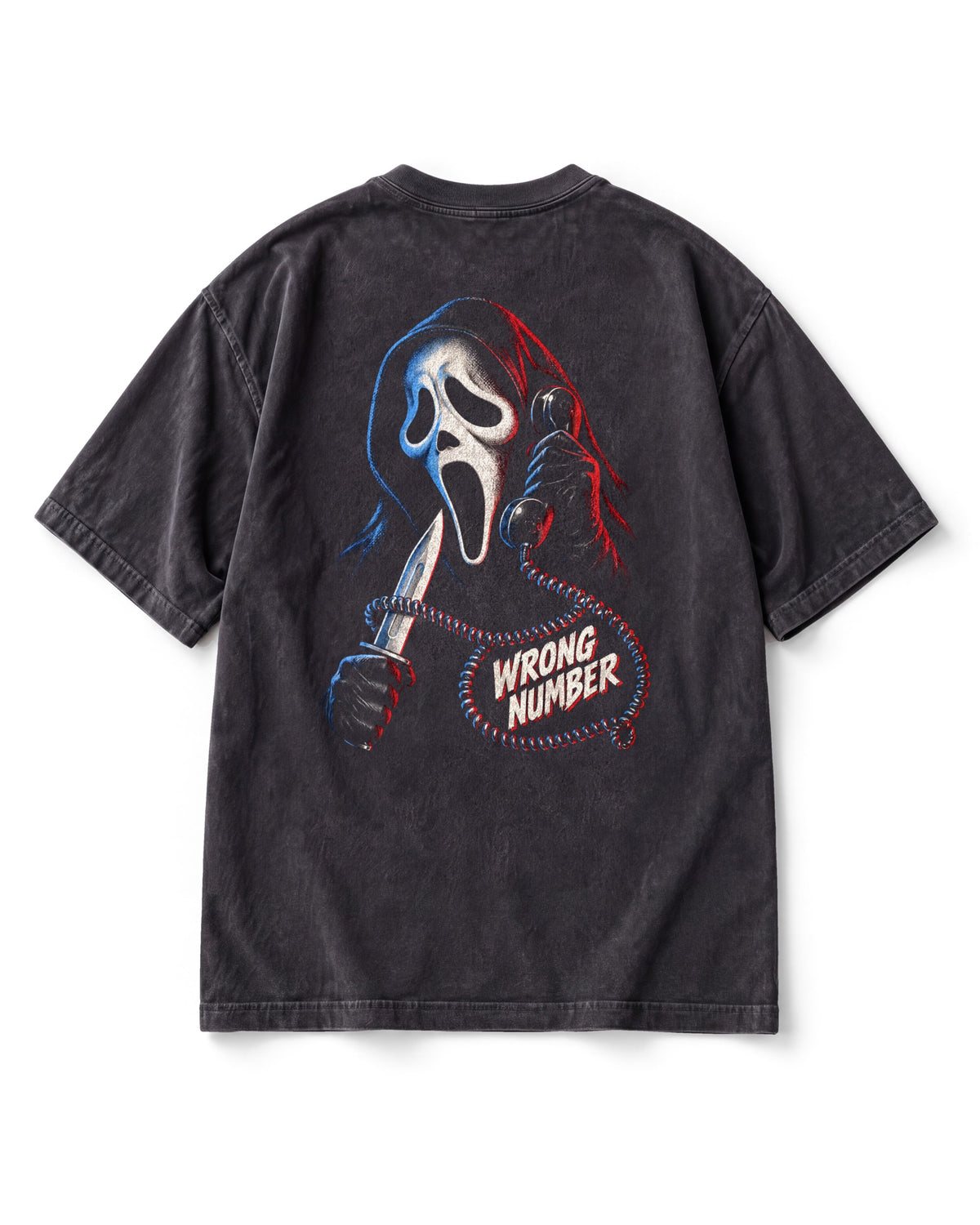 Back print: Ghostface mask and hood holding a corded phone, a knife in the other glove, WRONG NUMBER lettering below.