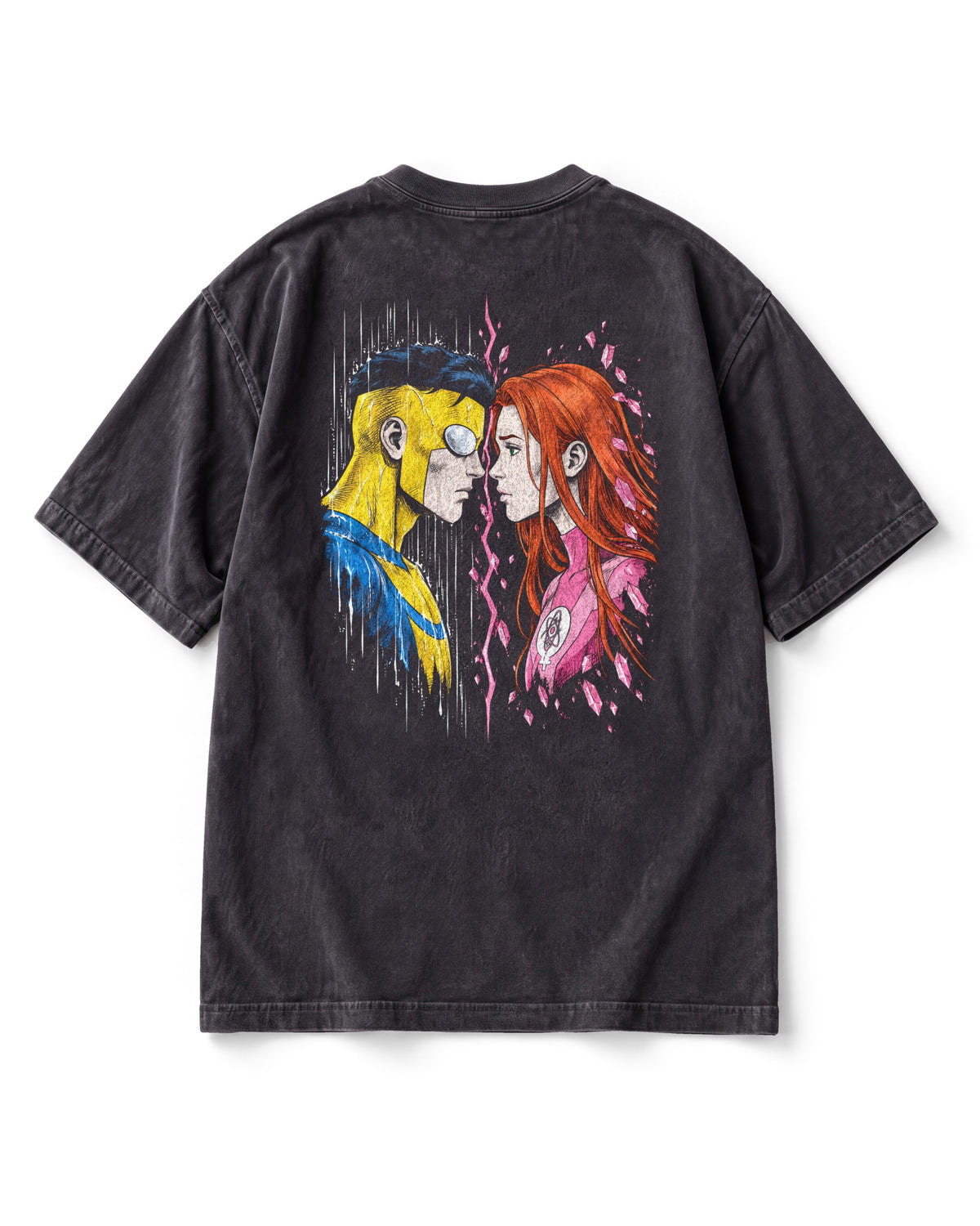 Back print: Invincible in a yellow cowl and Atom Eve with long red hair, face to face in profile, split by pink energy.