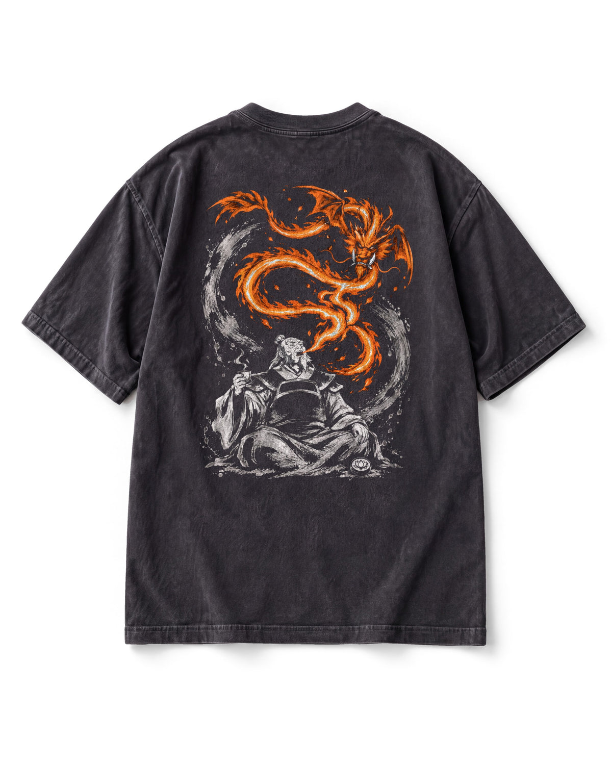 Back print: Iroh seated with a teacup, breathing fire that curls into a dragon above him, a lotus tile at his knee.