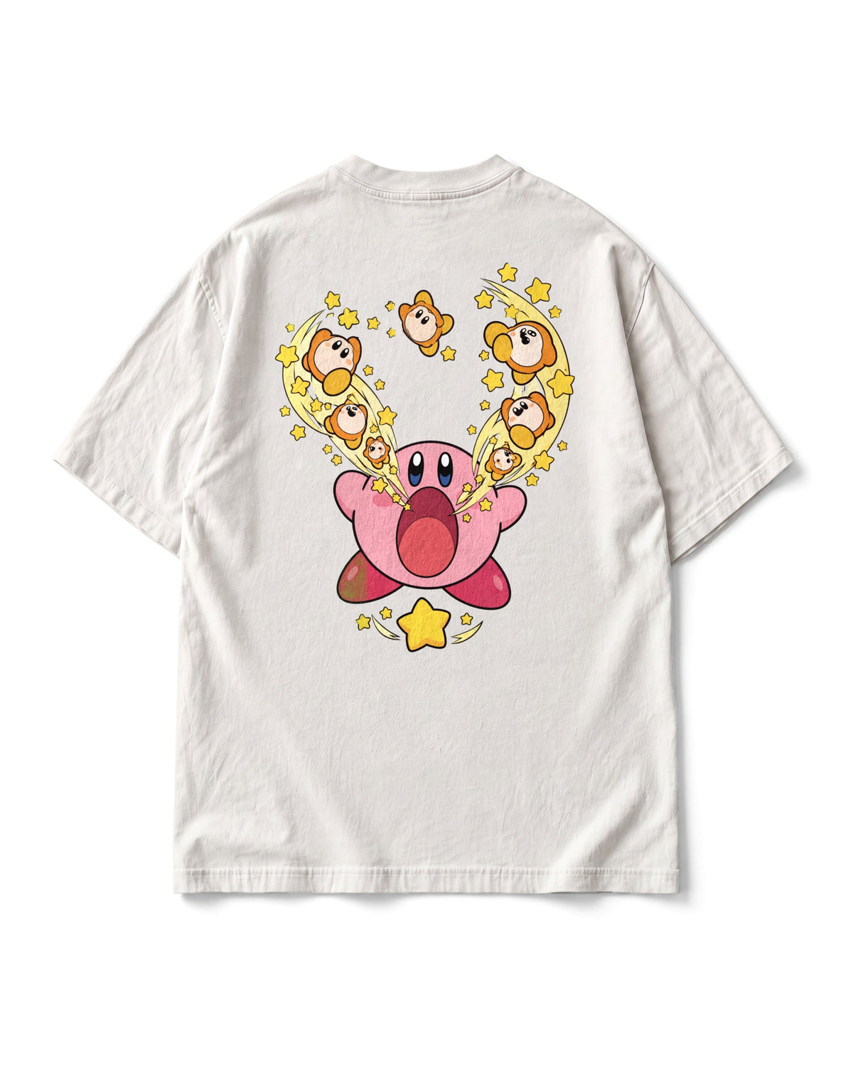 Back print: pink Kirby with mouth wide open pulling a spiral of Waddle Dees and stars toward him, a Warp Star below.