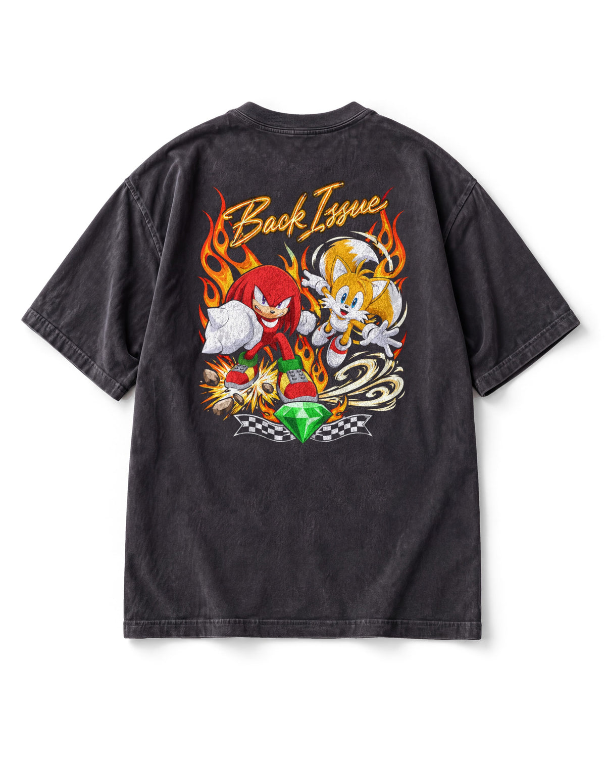 Back print: Knuckles punching and Tails flying beside him in orange flames, a green emerald on a checkered ribbon below.