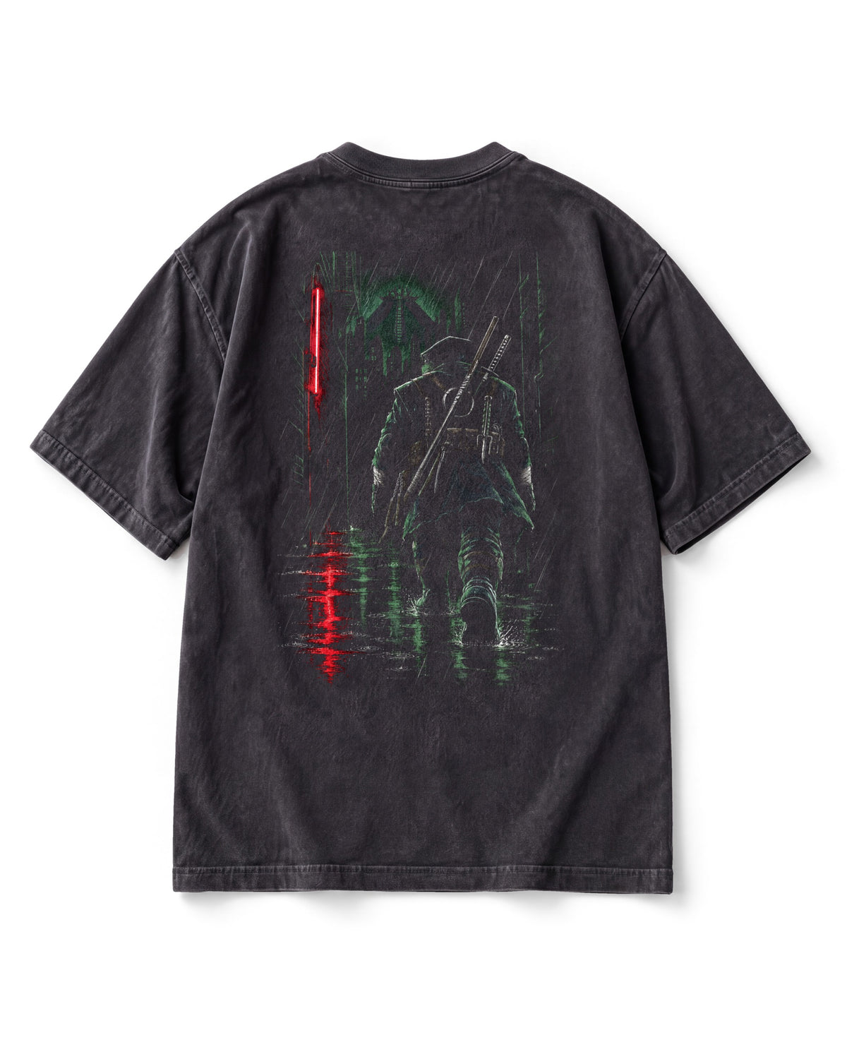Back print: a lone turtle in a black bandana carrying four weapons, walking away down a rainy alley lit by red neon.