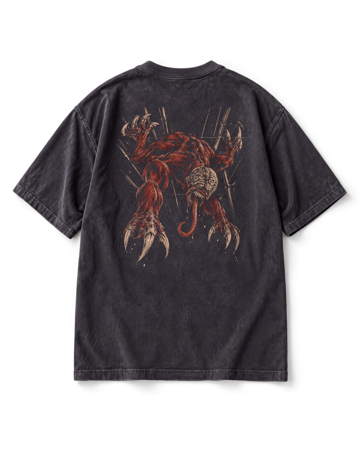 Back print: a clawed creature crawling upside down on a corridor ceiling, its long tongue hanging down the middle.