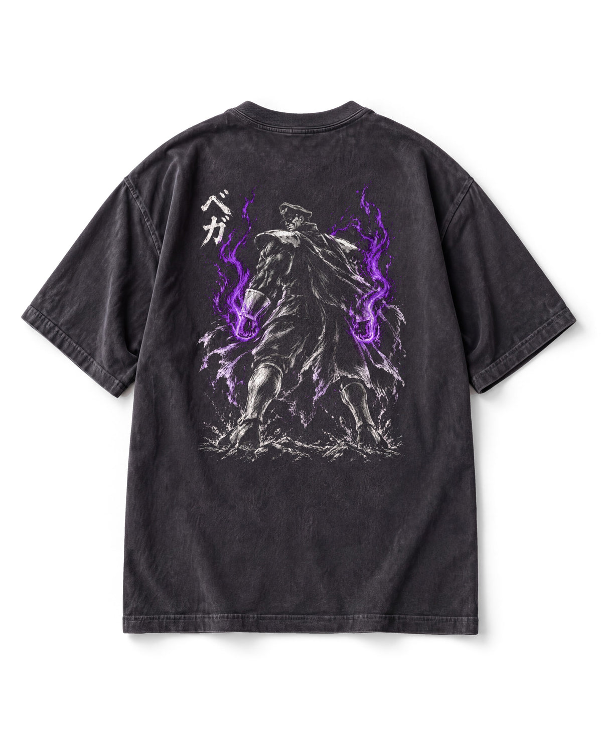 Back print: M. Bison in a peaked cap and long coat seen from behind, violet flames rising from both fists.