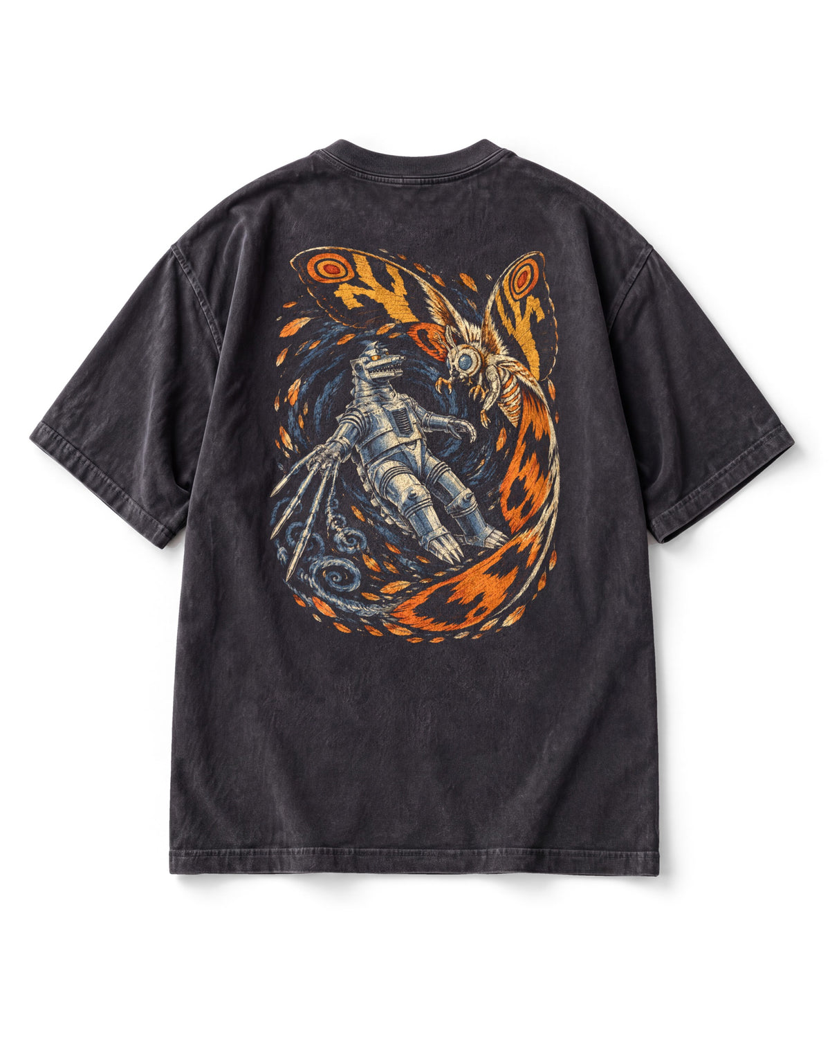 Back print: woodcut-style Mothra with patterned wings circling a silver Mechagodzilla, missile trails drawn as spirals.