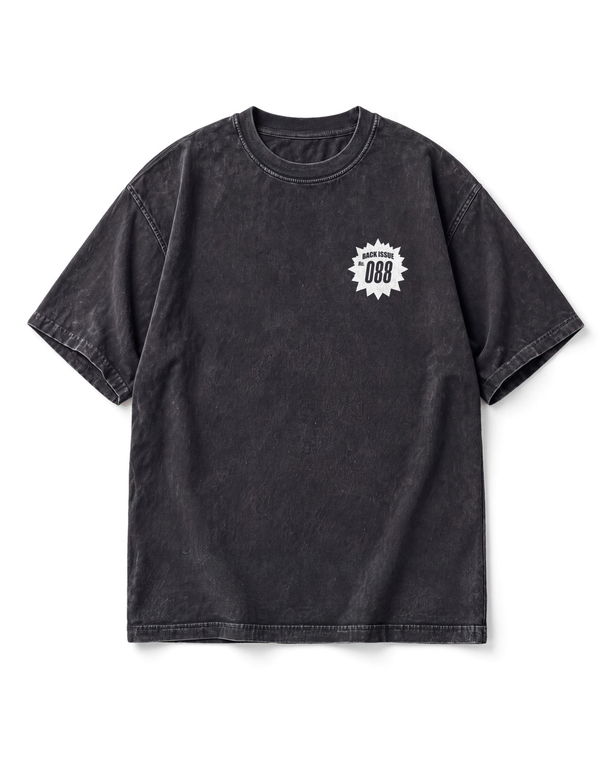 Front of the S.T.A.R.S. tee in washed black: a small white numbered BACK ISSUE burst badge on the left chest.