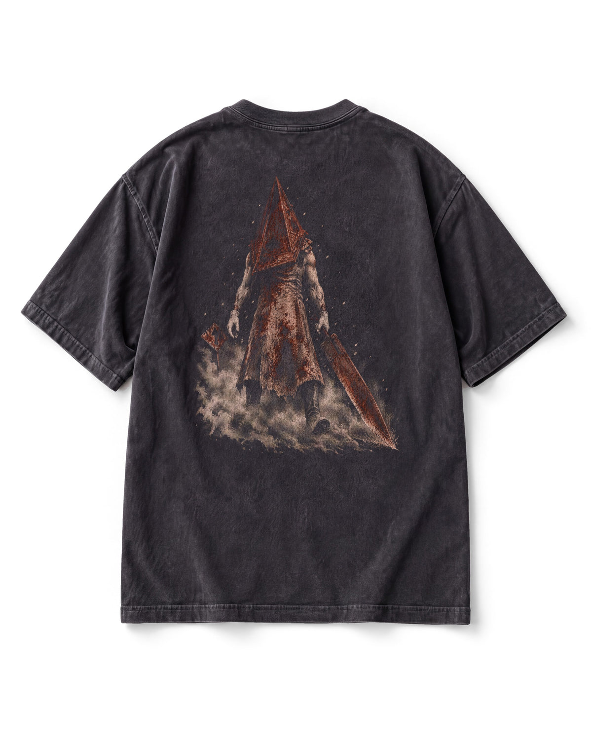 Back print: a tall figure in a rusted pyramid helmet dragging a huge blade through fog, ash falling like snow.