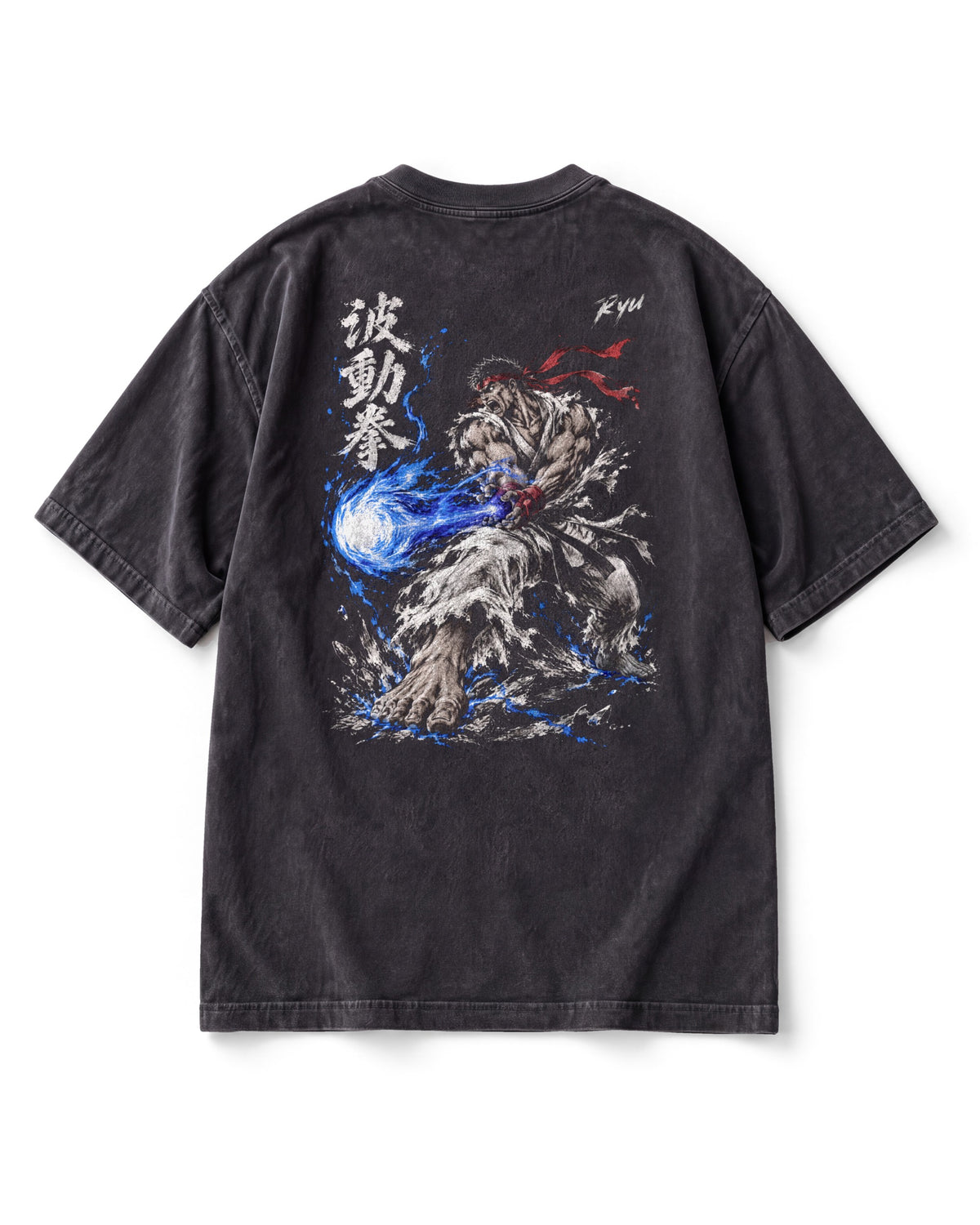 Back print: Ryu throwing a blue Hadoken in white and grey brush ink, a brush kanji column down the left side.