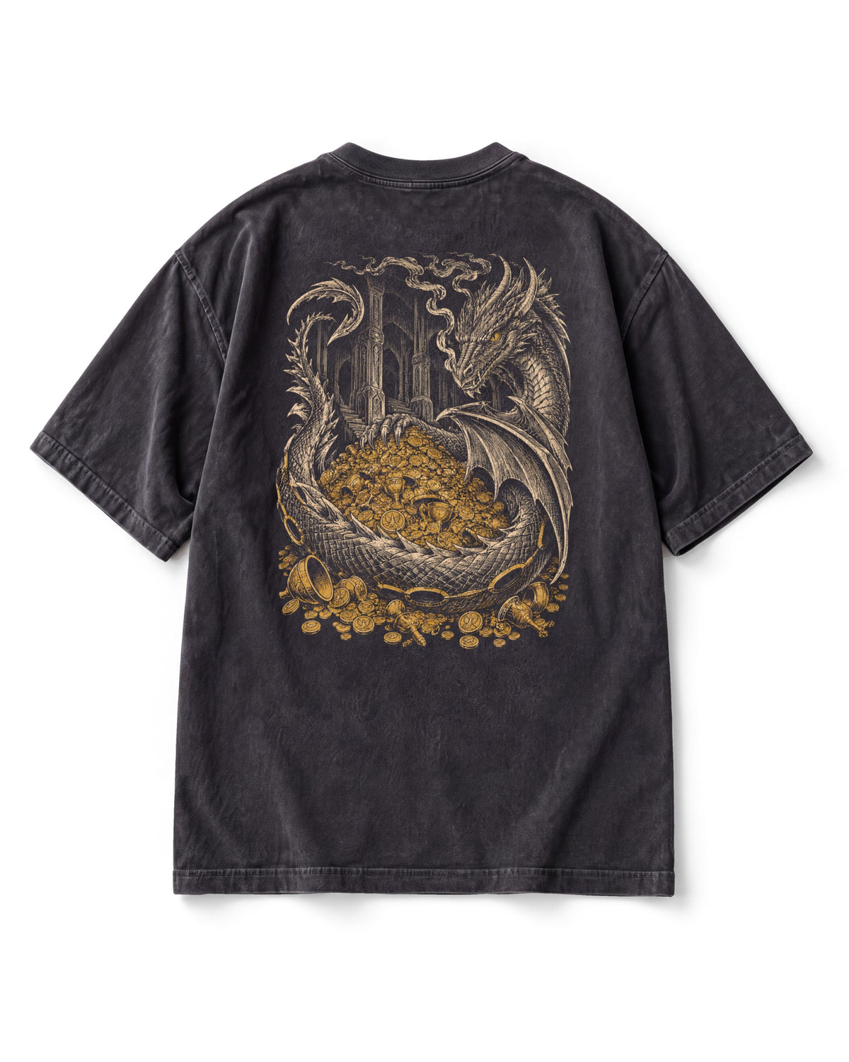 Back print: a dragon coiled on a mound of gold coins and goblets in a pillared hall, one eye open, smoke curling upward.