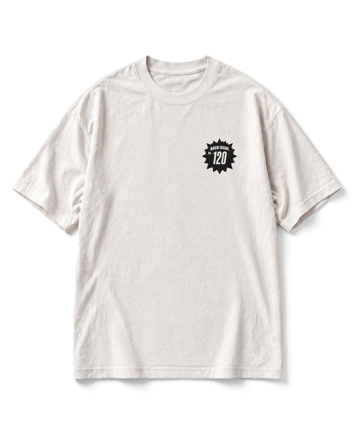 Front of the Tactical tee in bone: a small black numbered BACK ISSUE burst badge on the left chest.