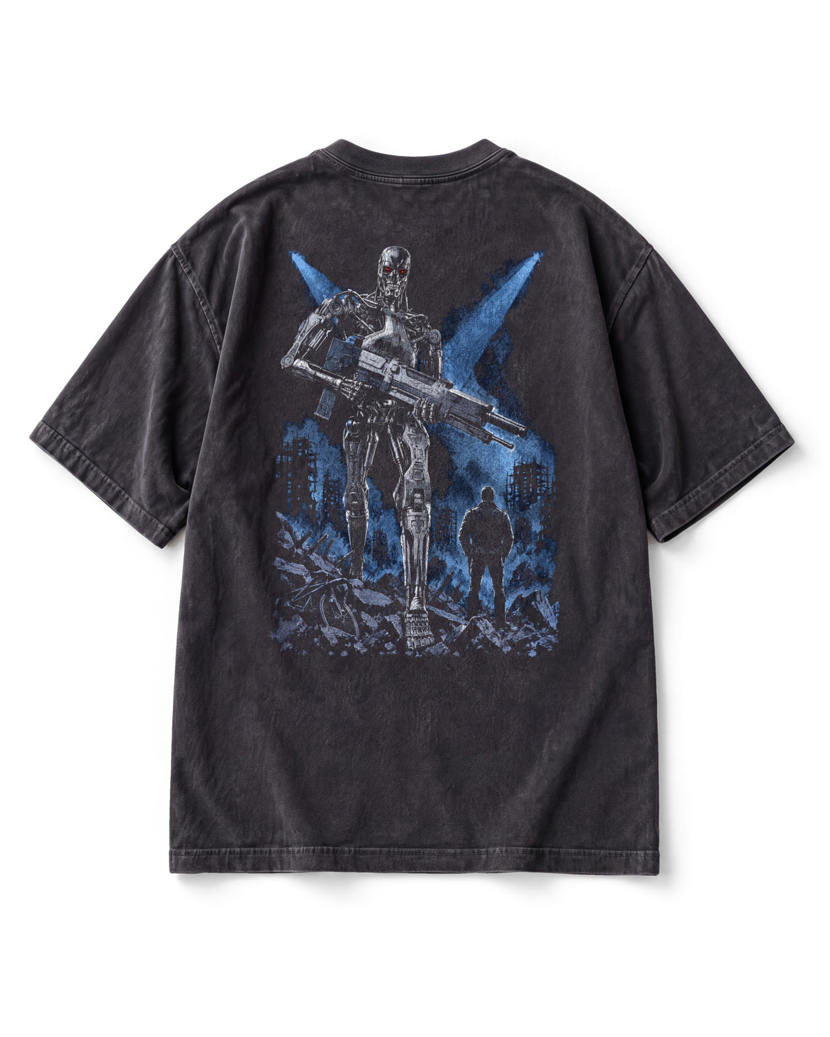Back print: a chrome robot skeleton with red eyes carrying a large rifle through rubble, a small man in a jacket beside it.