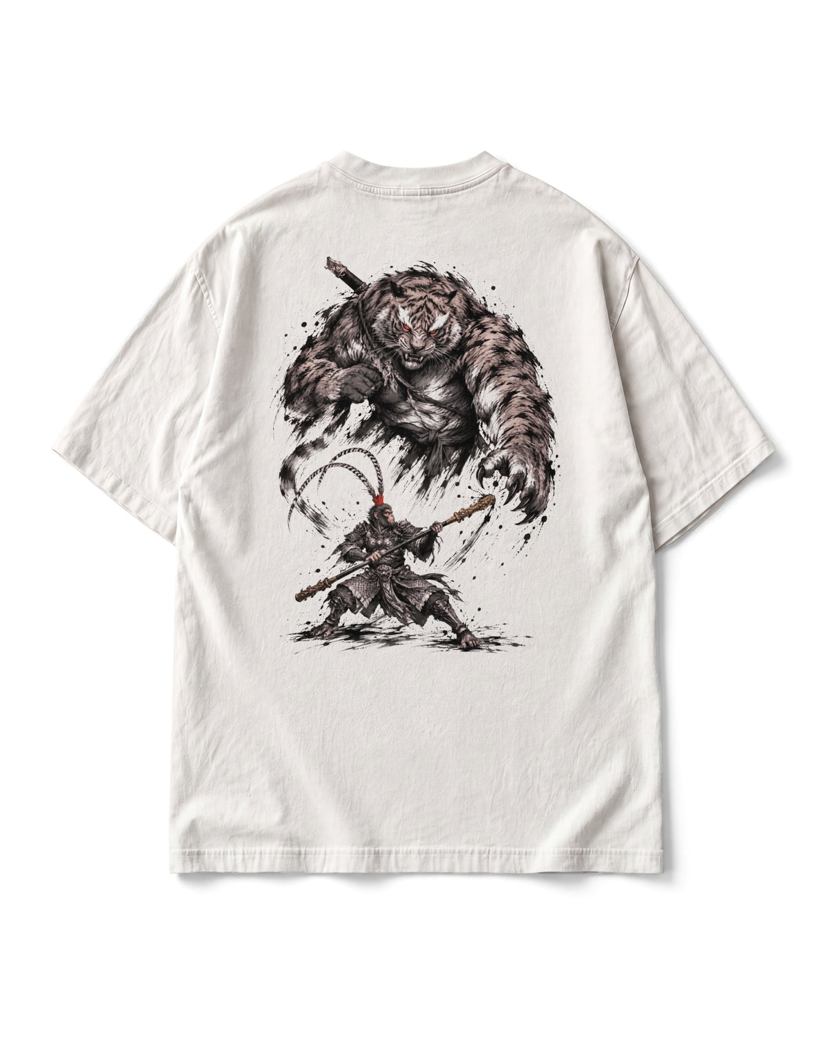 Back print on bone: a giant armoured tiger warrior with two blades looming over a small monkey warrior, in black brush ink.